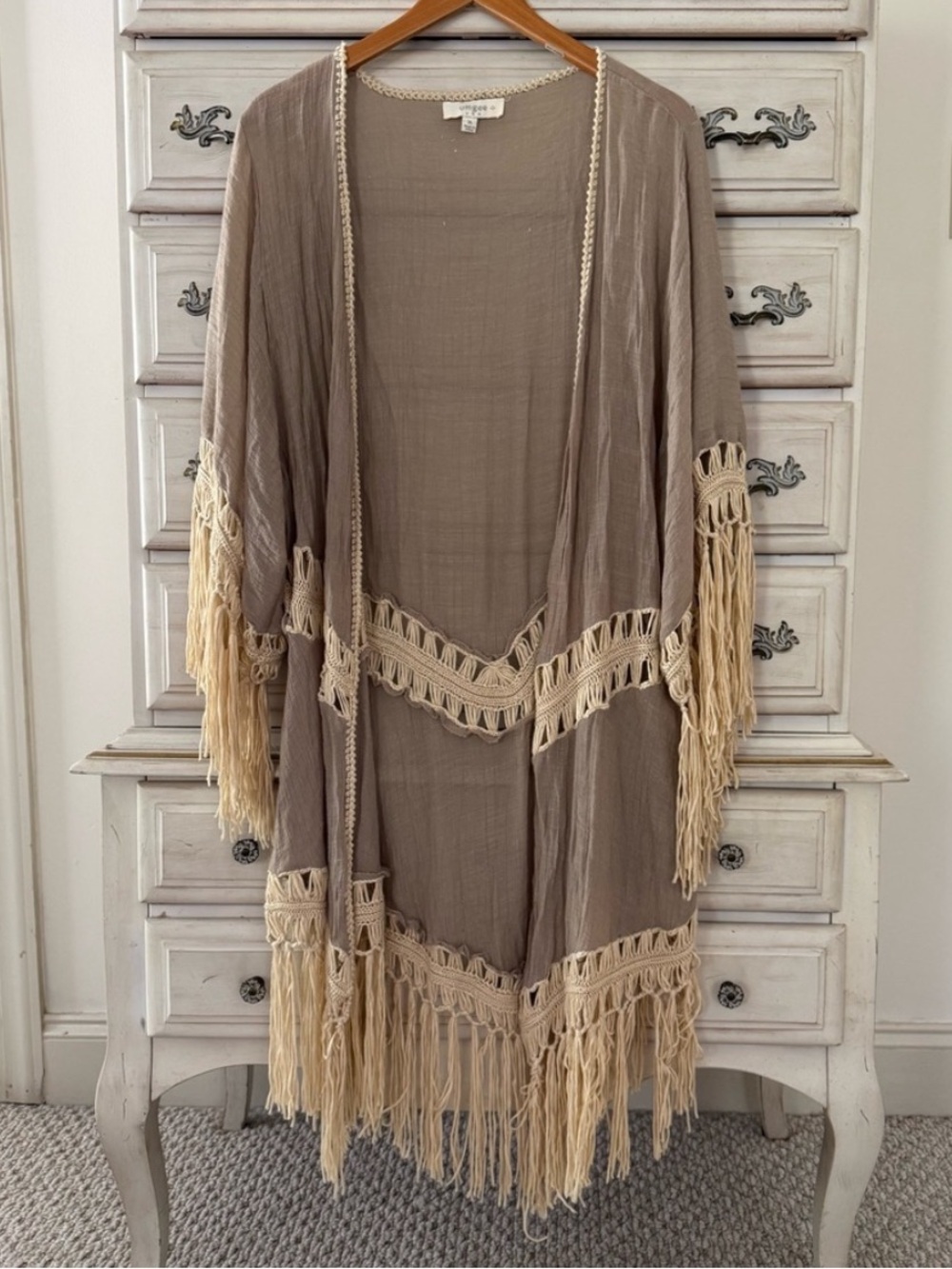 Boho Fringe Kimono in Taupe with Cream Lace Trim - Picture 2 of 6